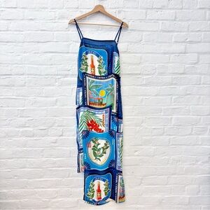 FARM Rio || Square-Neck Bandana Slim Midi Dress Cutout Tie Back Blue Medium